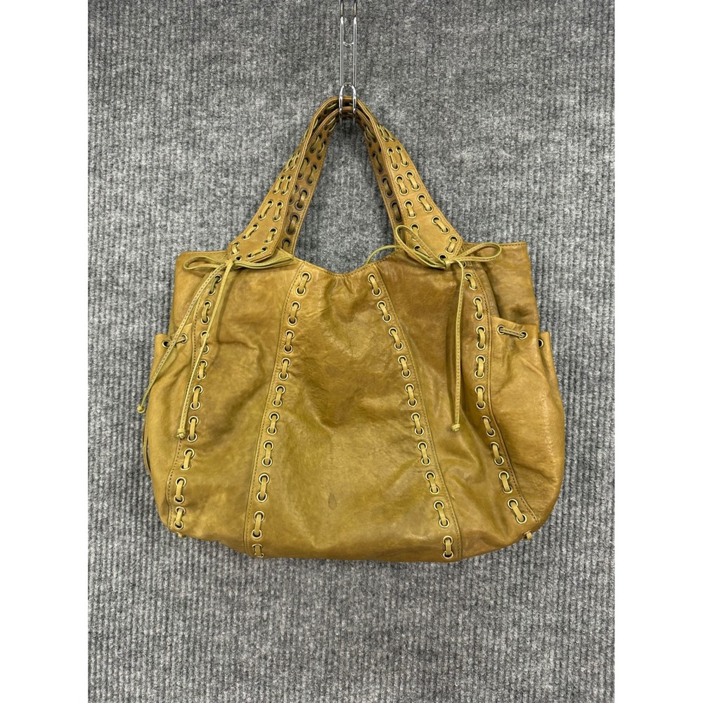 Kooba Leather Tote Bag Womens Large Olive Green Good Lace Up Boho Grommet Hobo